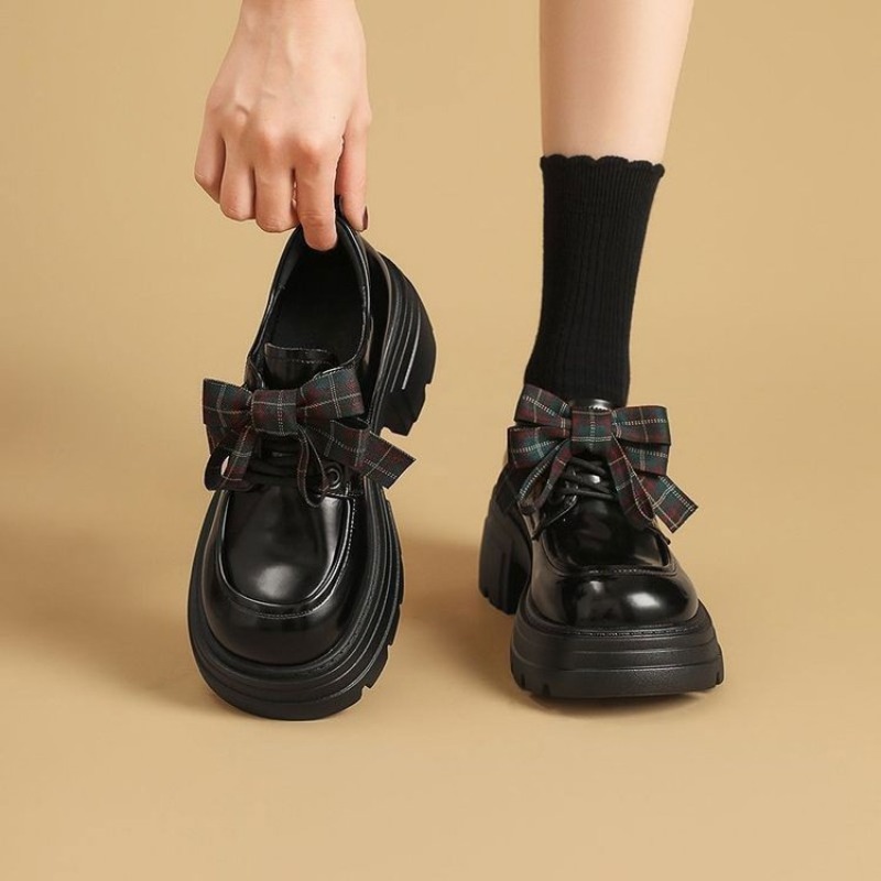 Oxford Lace Up Women - Sepatu Oxford Platform Motif Kotak-kotak Manis